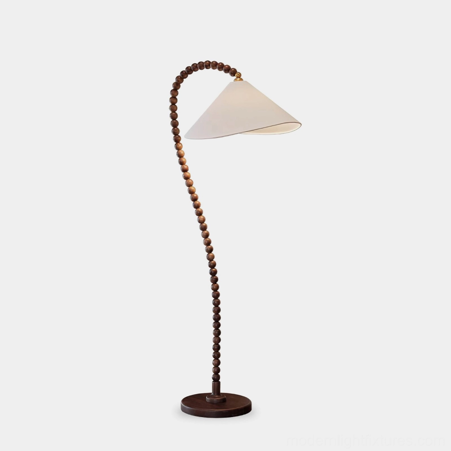 Wooden beaded arched floor lamp with walnut finish and white linen shade - front view
