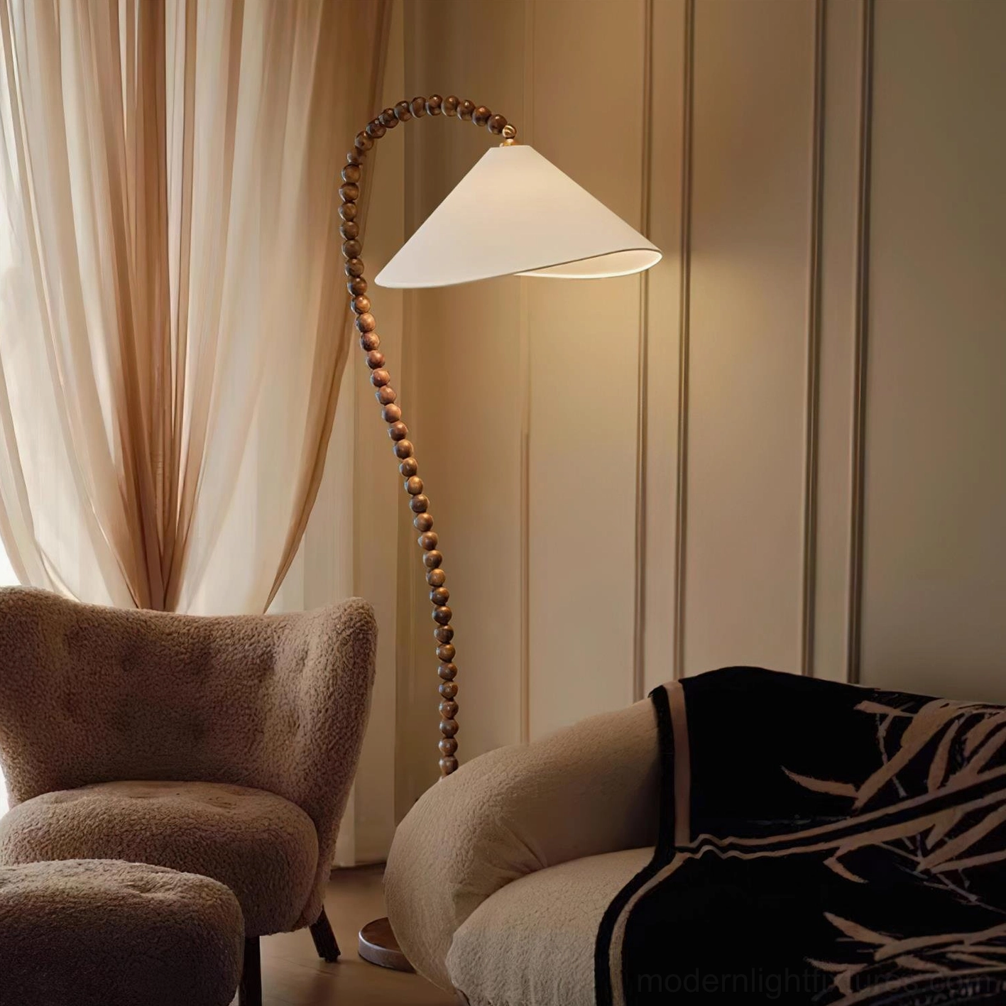Mid-century modern wooden bead floor lamp in transitional interior design space