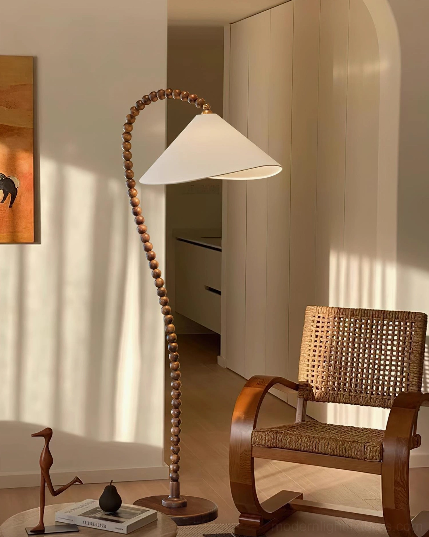 Nordic style wooden bead floor lamp in Scandinavian interior design setting