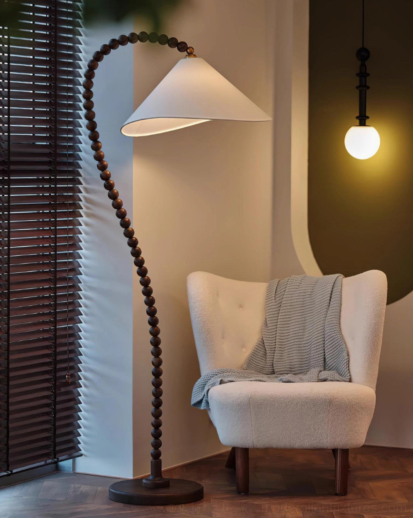 Wooden beaded floor lamp silhouette showing arched spine and stable base construction