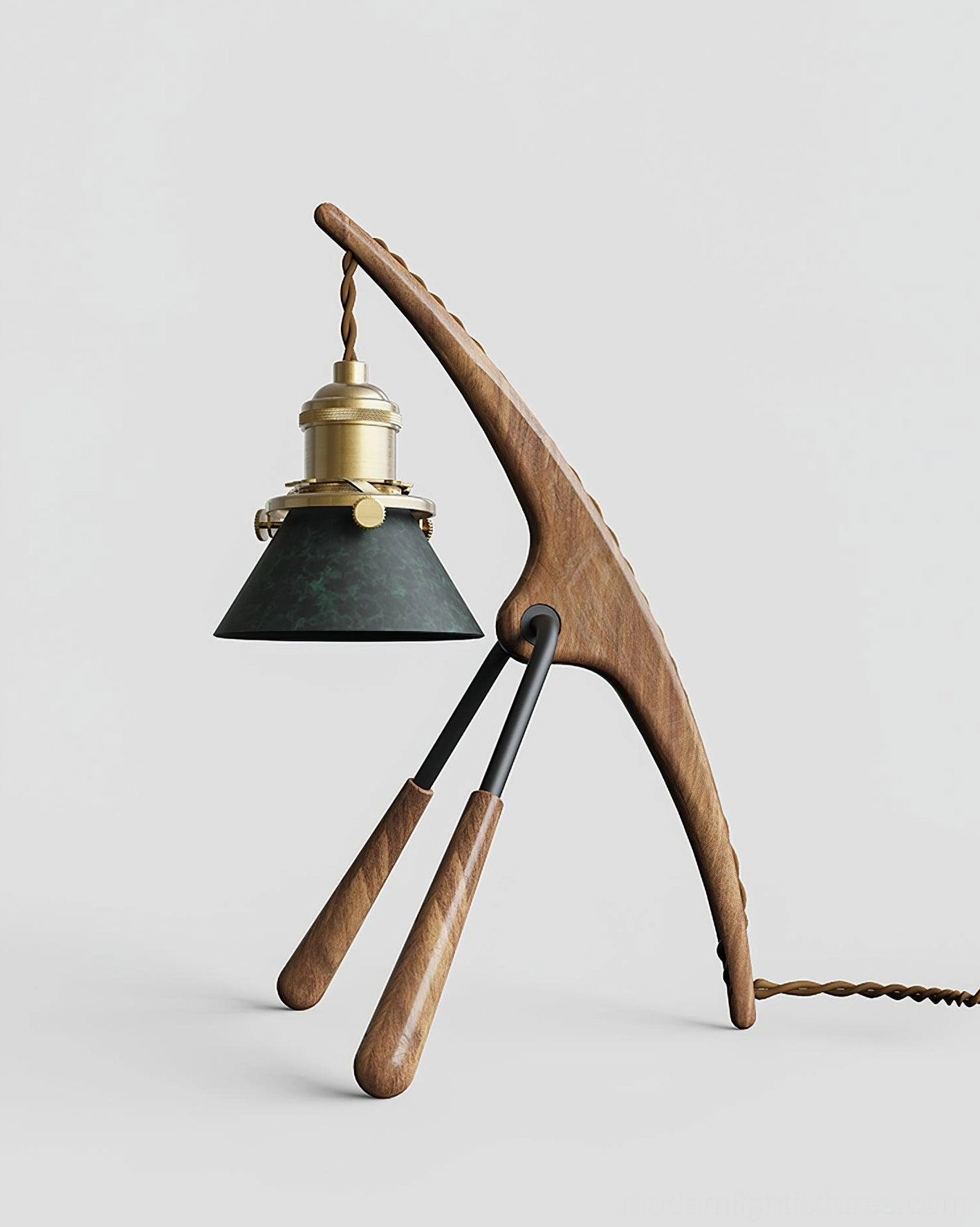 Sculptural candle warmer lamp walnut wood front view with exposed fabric power cord, studio lighting