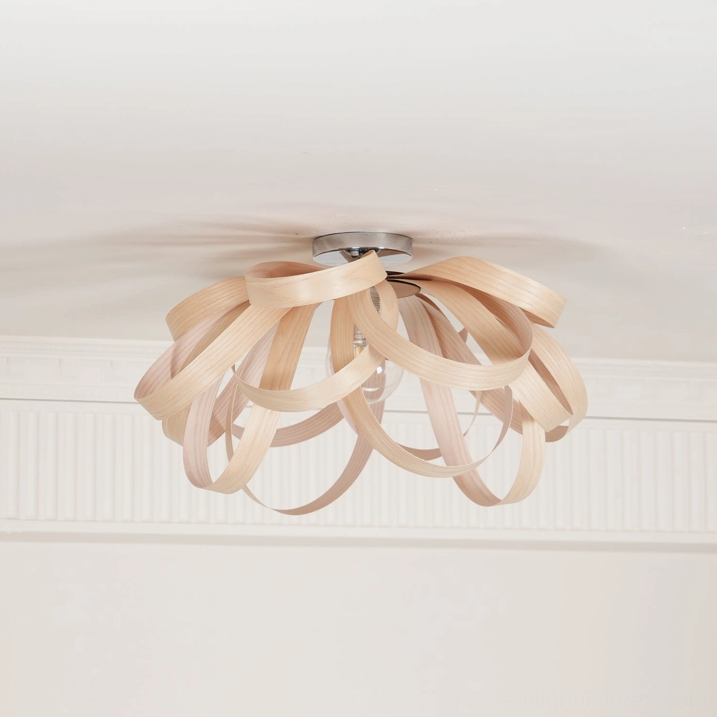 Handcrafted wood petal ceiling fixture ambient bedroom lighting application