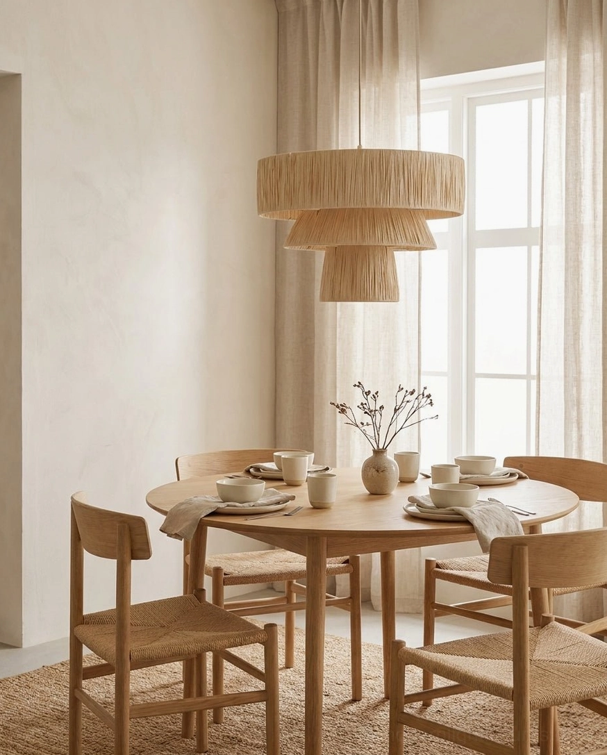 Natural woven pendant light hanging in warm wooden dining room with neutral upholstered seating