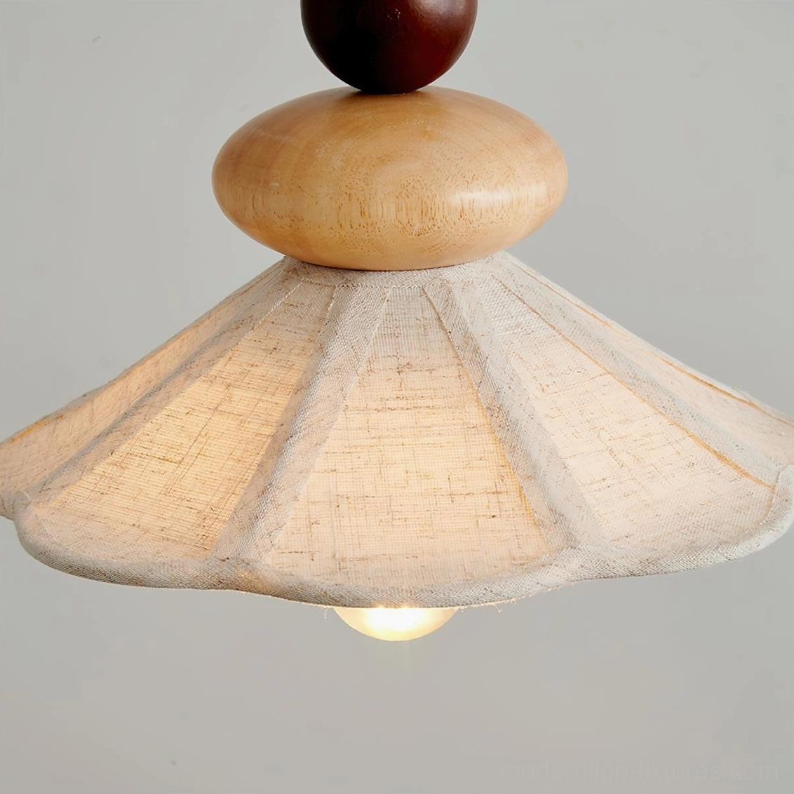 Wooden fabric pendant light creating soft diffused glow, Scandinavian modern design with natural material beauty