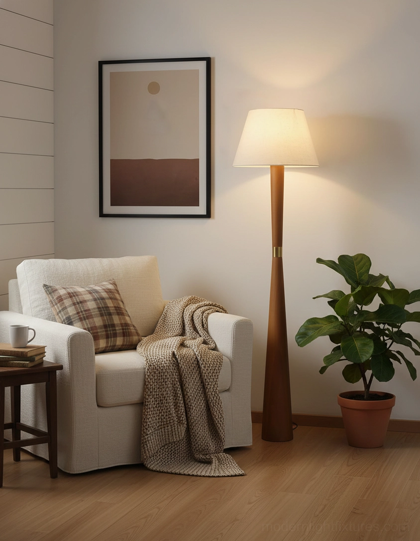 Minimalist floor lamp detail showcasing natural wood grain and polished brass accent ring design