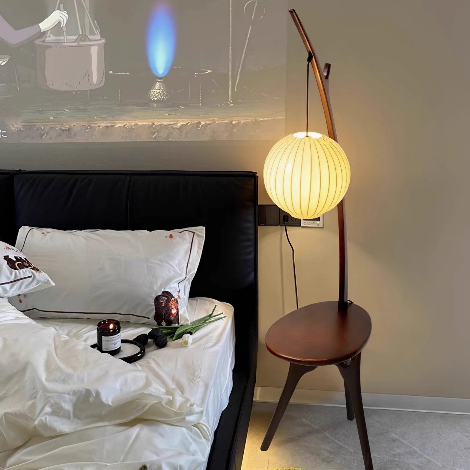 Artisanal wooden floor lamp with side table and white fabric lantern shade design detail