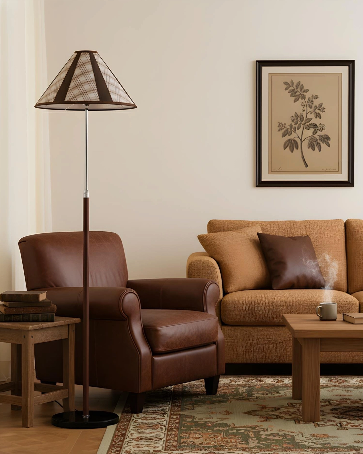 Contemporary wooden floor lamp standing next to leather armchair with botanical wall art backdrop
