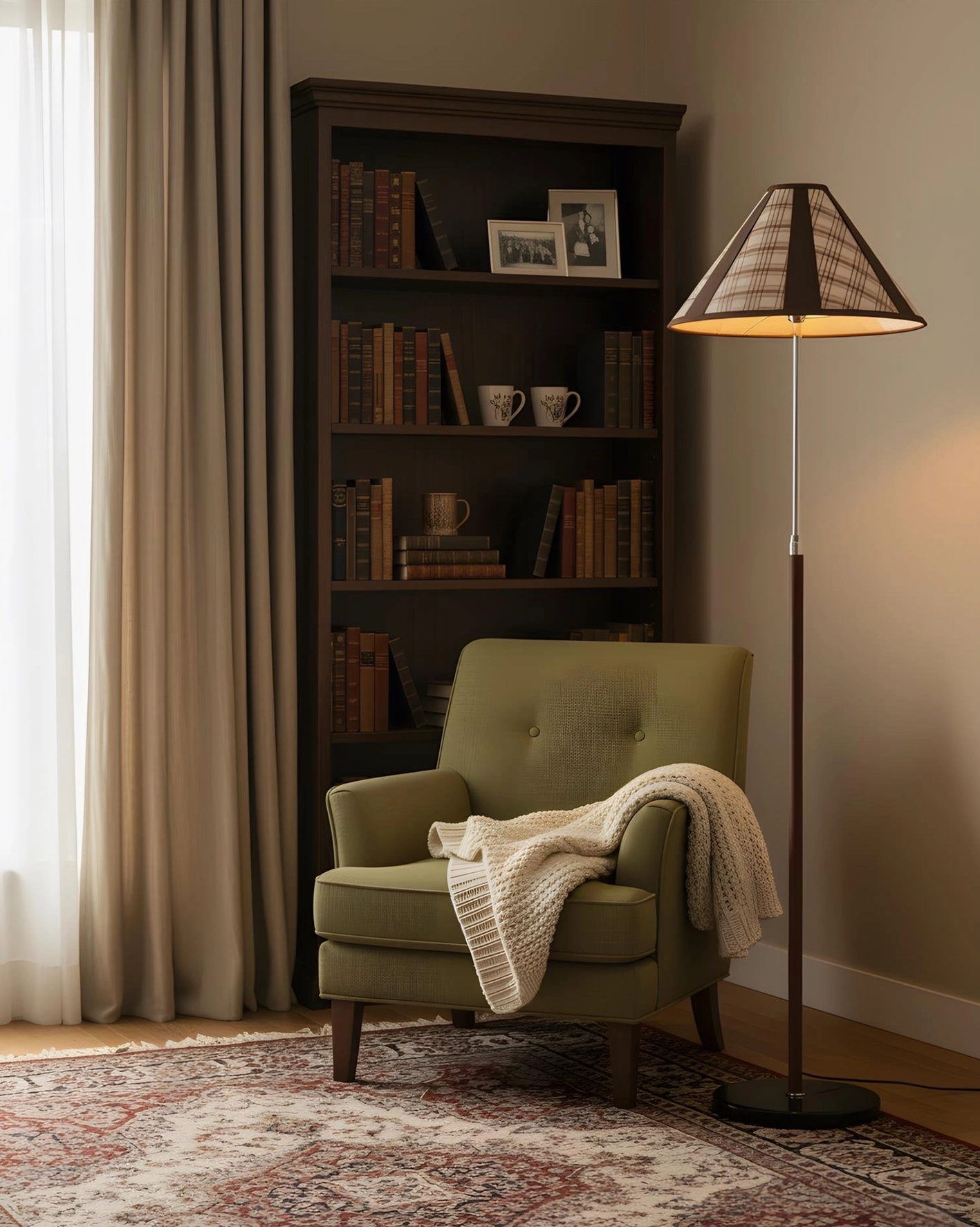 Modern wooden floor lamp next to reading chair and bookshelf in cozy living corner