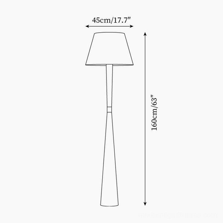 Technical dimension drawing of wooden floor lamp showing 160cm height and 45cm width measurements