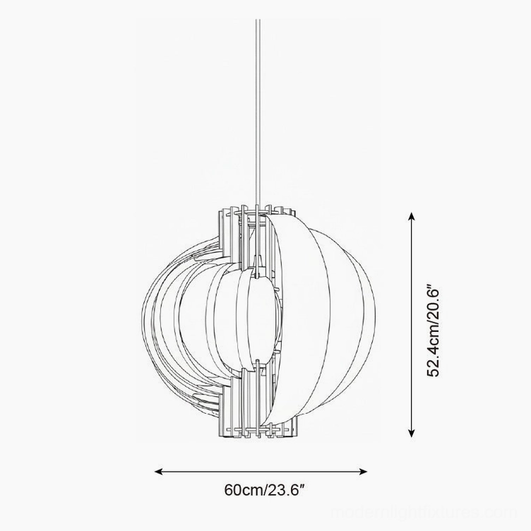 Engineering specification drawing of 60cm diameter large wood globe pendant lamp with dimensional measurements