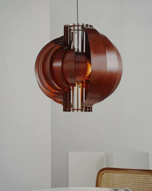 Side profile of modern wooden globe pendant lamp showing curved layered wood construction and spherical geometry