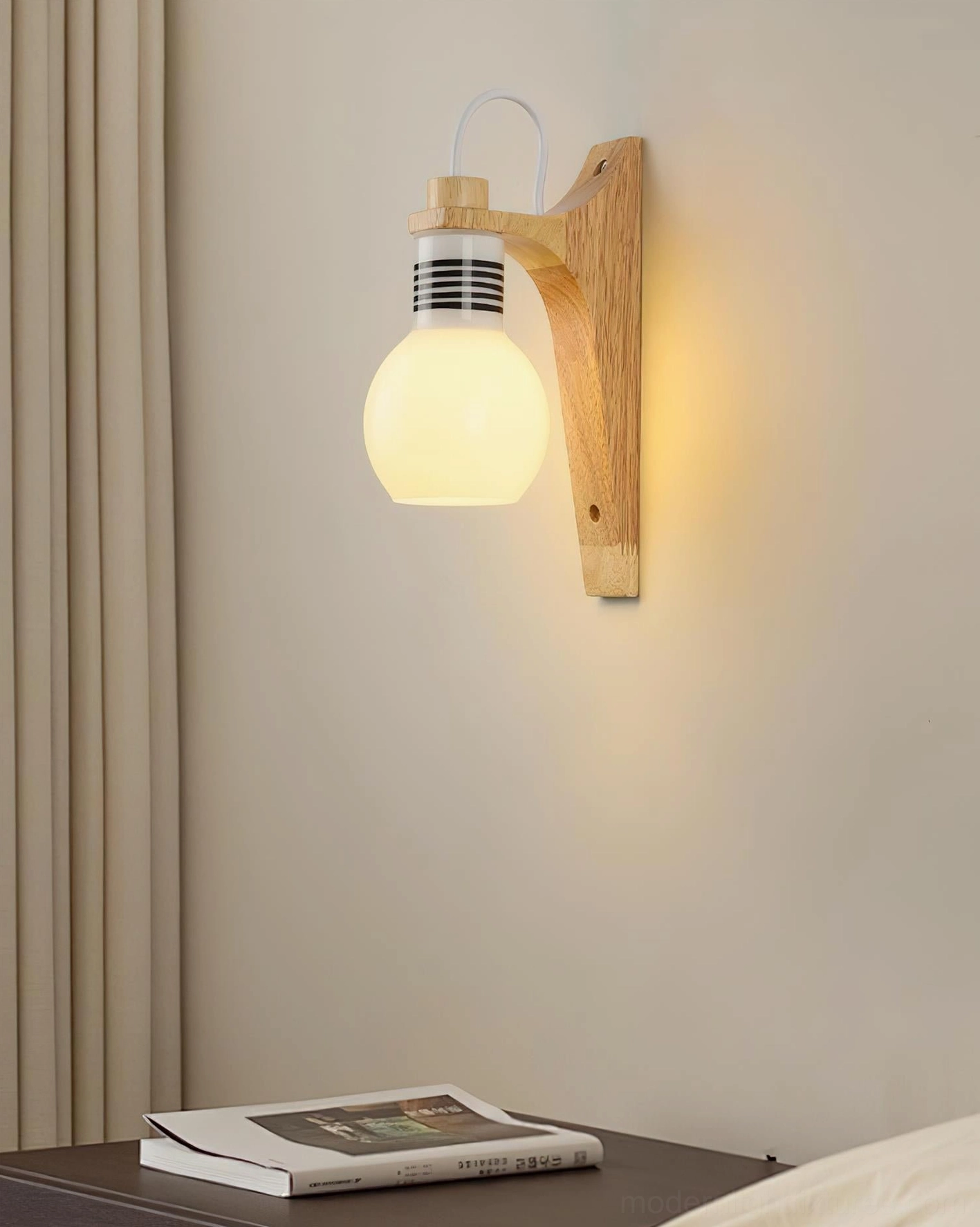 Lit wooden globe wall lamp with striped base detail, warm ambient bedroom lighting, sheer curtains