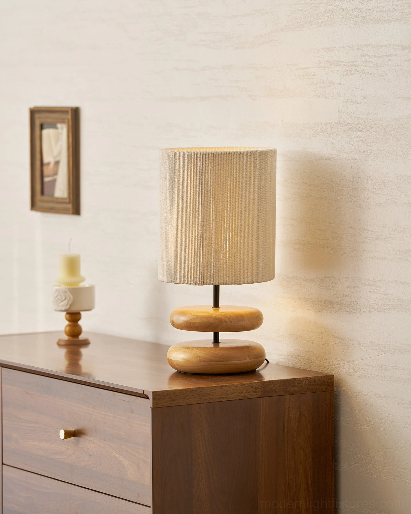 Wooden table lamp with natural grain wood base and fabric shade assembly