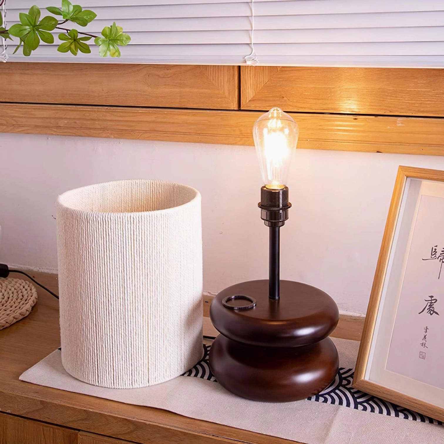 Wooden table lamp close-up showing polished wood finish and construction details