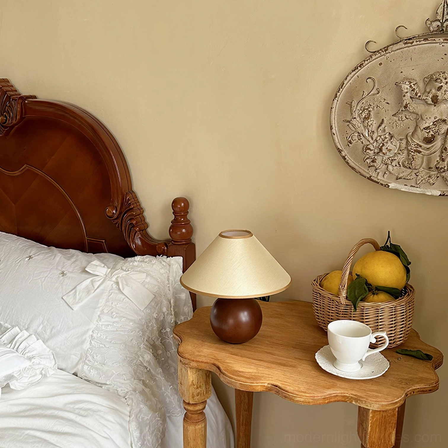Wooden base table lamp showing walnut color and hemp shade construction detail