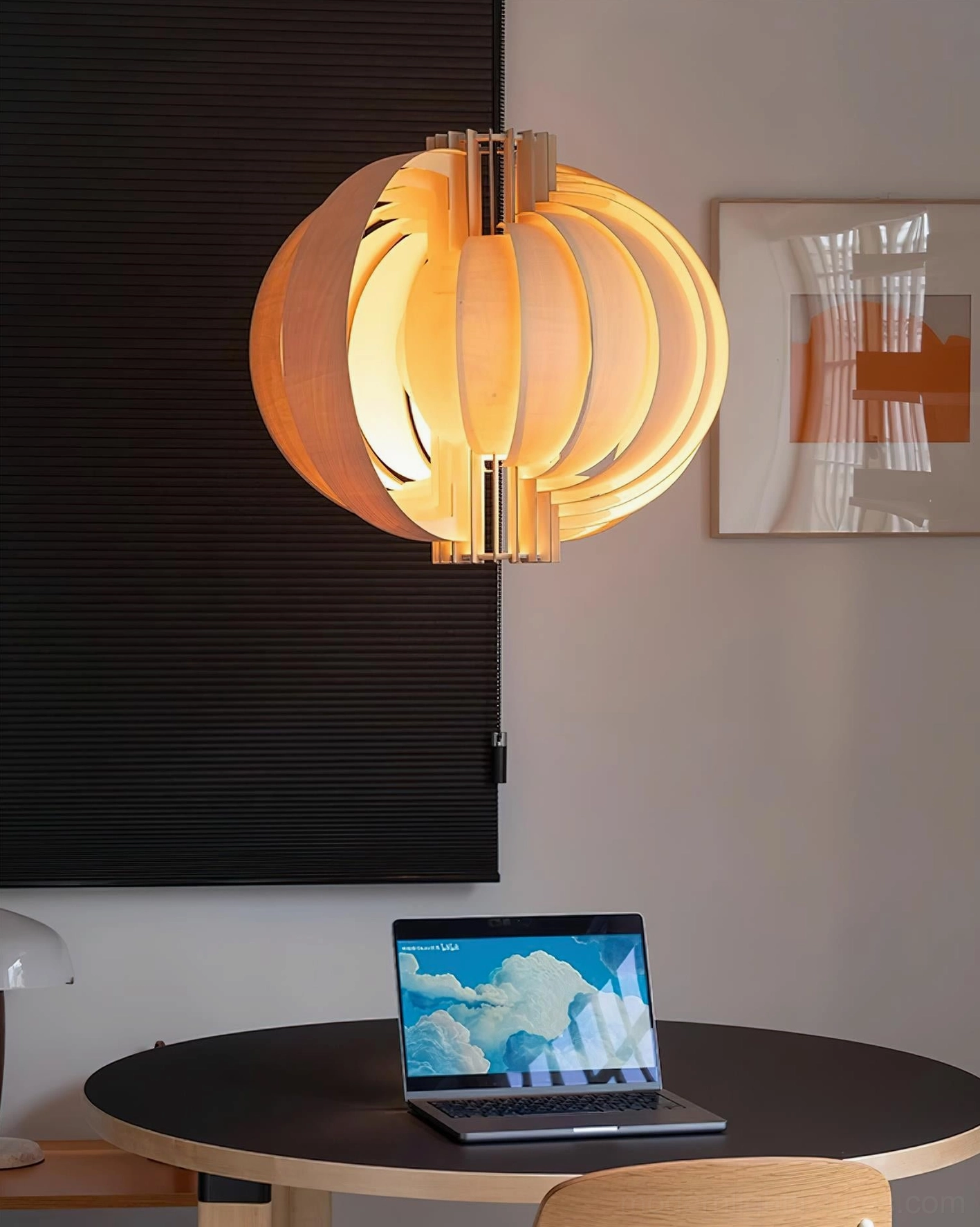 Wooden lantern pendant lamp sculptural form showing geometric spherical shape and wood veneer construction details