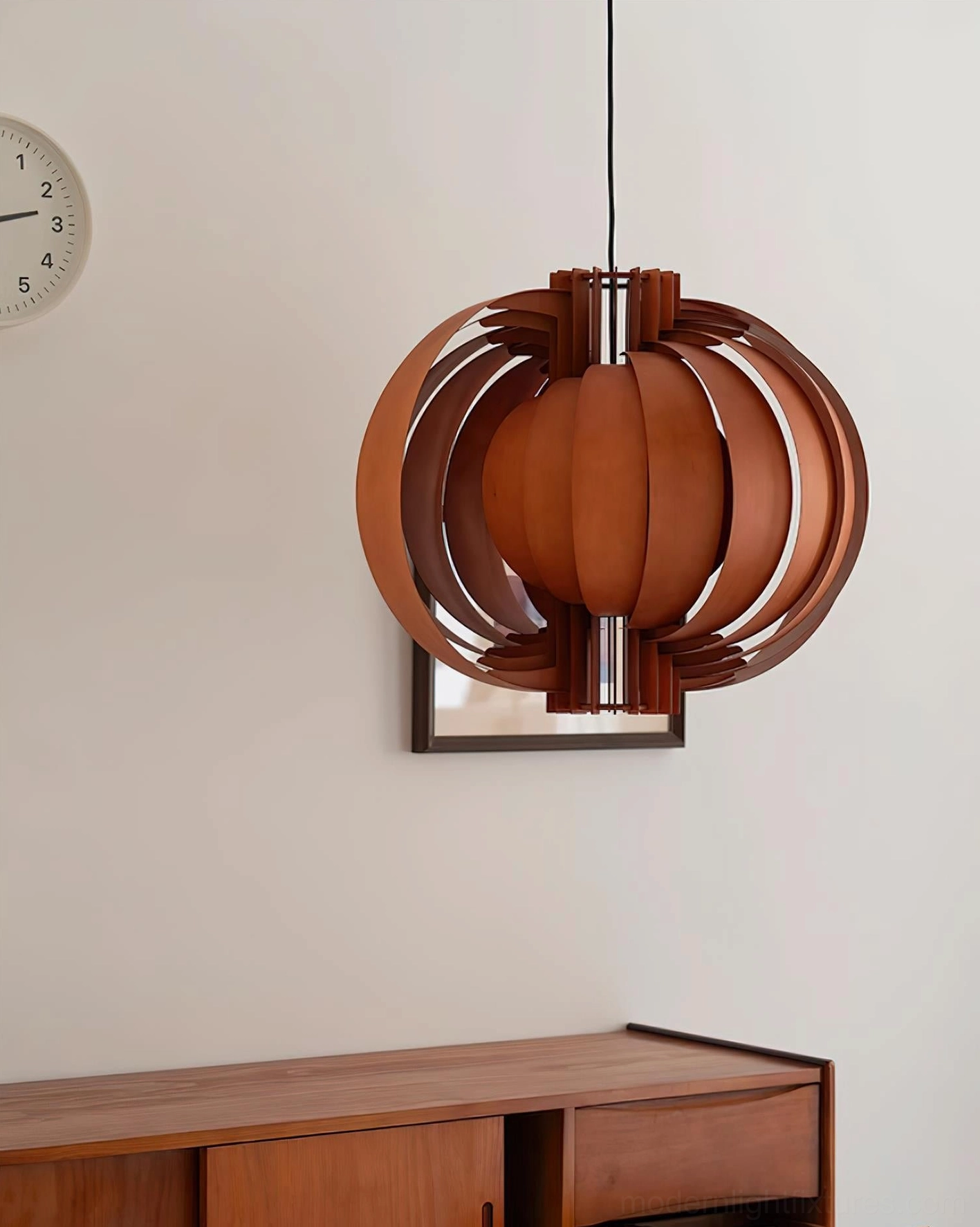 Wooden lantern pendant lamp installation guide showing suspension wire and mounting hardware configuration