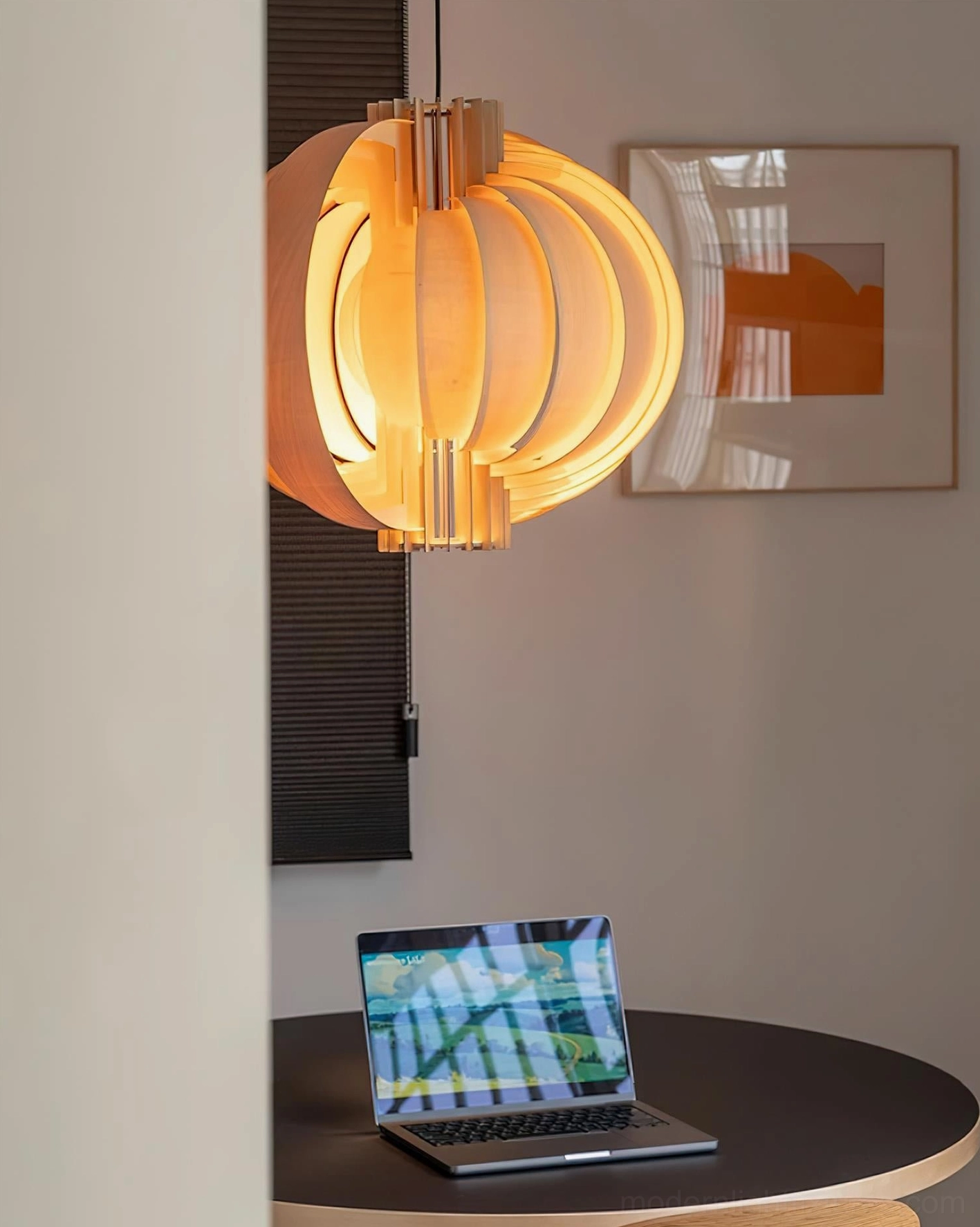 Wooden lantern pendant lamp interior light diffusion showing warm ambient glow through slat construction