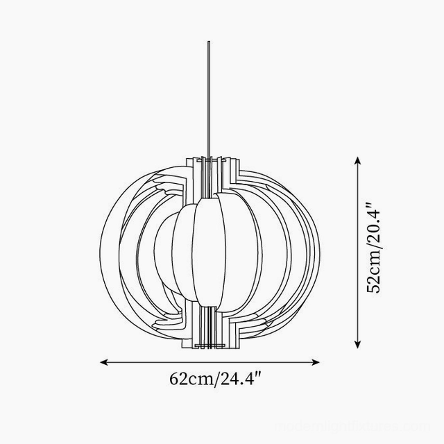 Technical specification drawing of wooden lantern pendant lamp showing 62cm diameter and 52cm height measurements