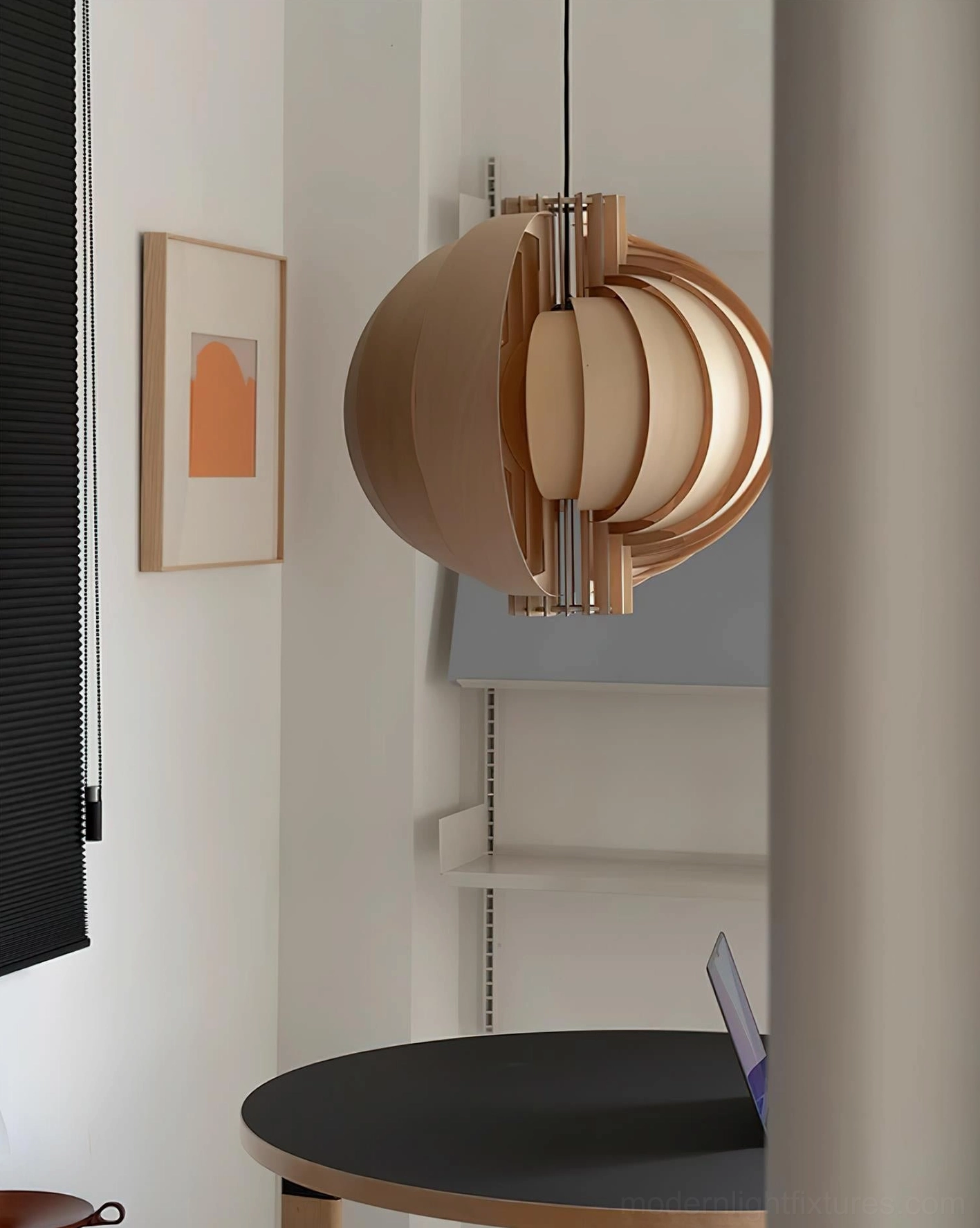 Wooden lantern pendant light material closeup revealing natural wood veneer layering and grain patterns