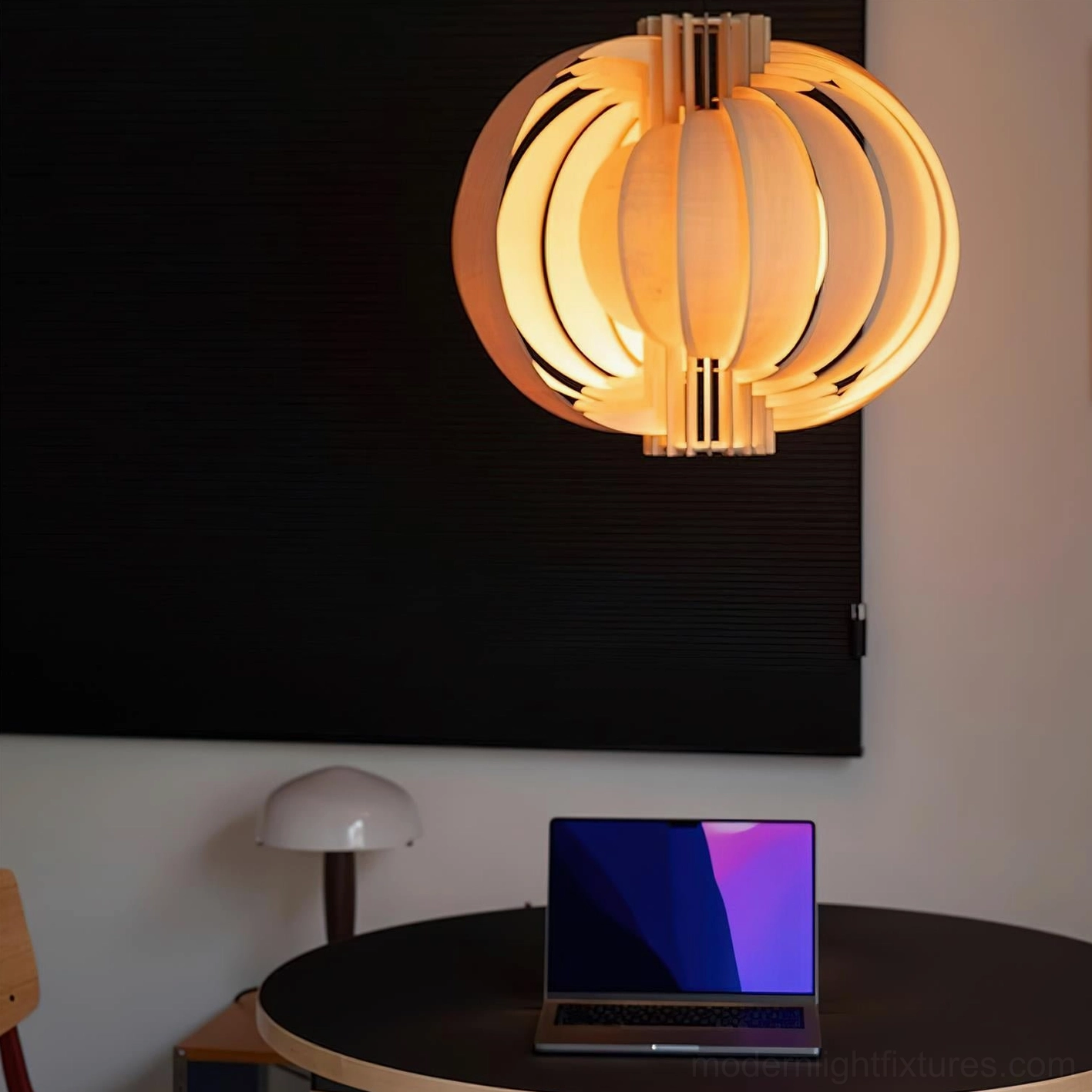 Mid-century modern wooden lantern pendant light size comparison, small and large diameter options displayed