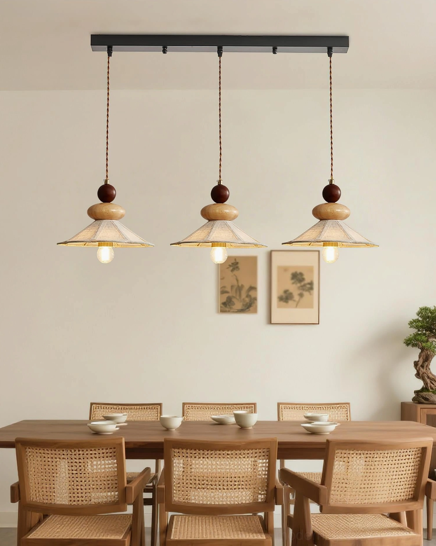 Wooden linen pendant light with Scandinavian minimalist design, natural timber and fabric construction for modern interiors