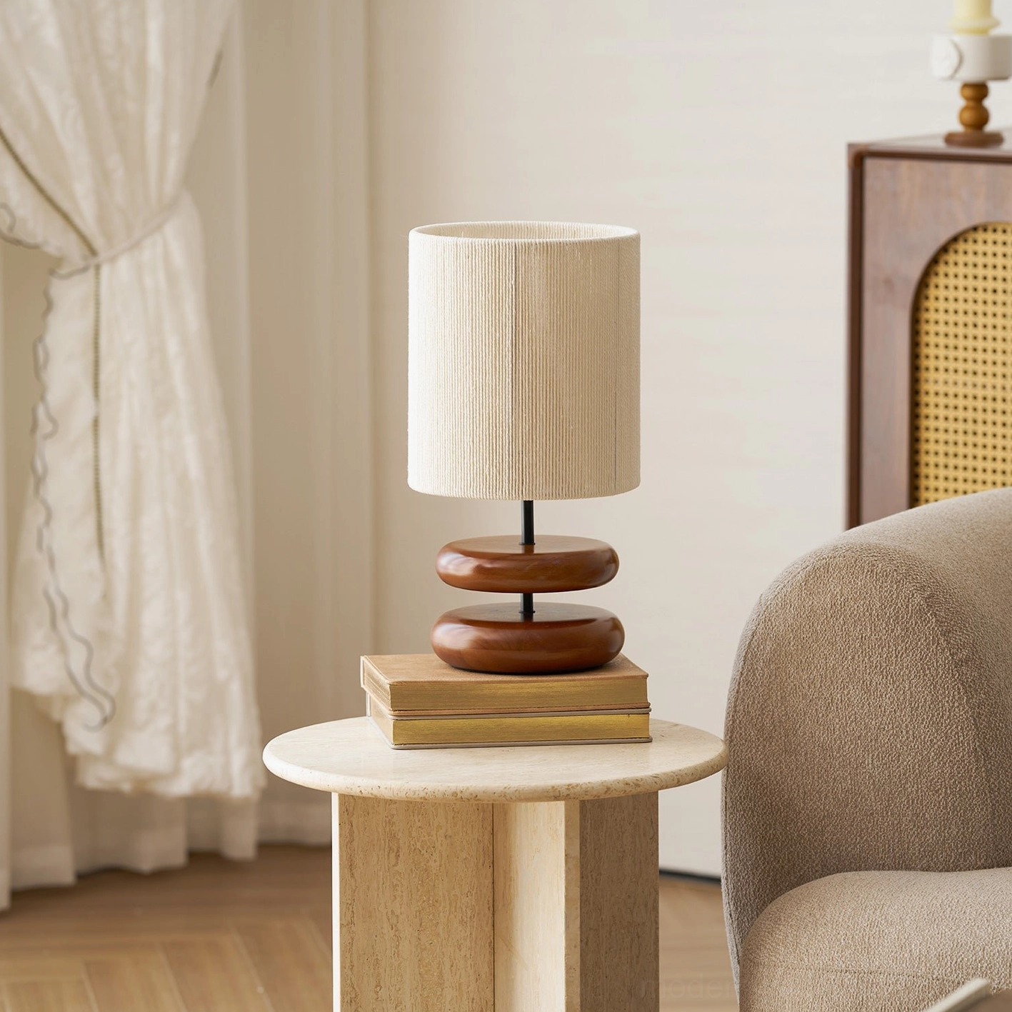 Wooden modern bedroom table lamp with stacked base in home interior setting