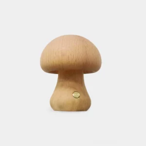 Wooden mushroom table lamp with natural wood finish shown on white background with touch button detail