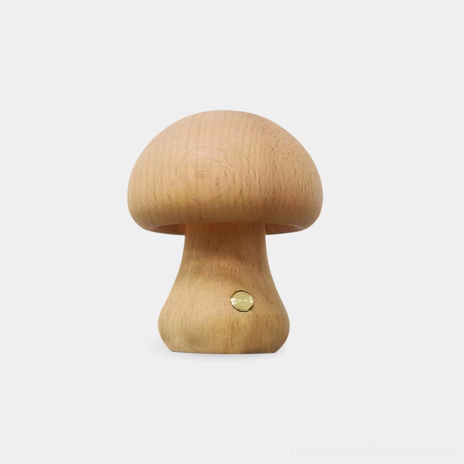 Wooden mushroom table lamp with natural wood finish shown on white background with touch button detail