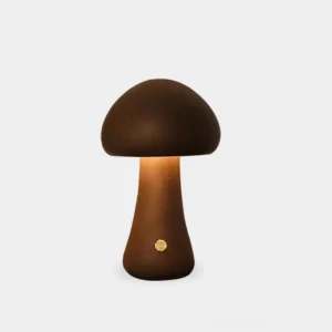 Wooden mushroom table lamp front view - modern Nordic design with smooth wood finish on white background