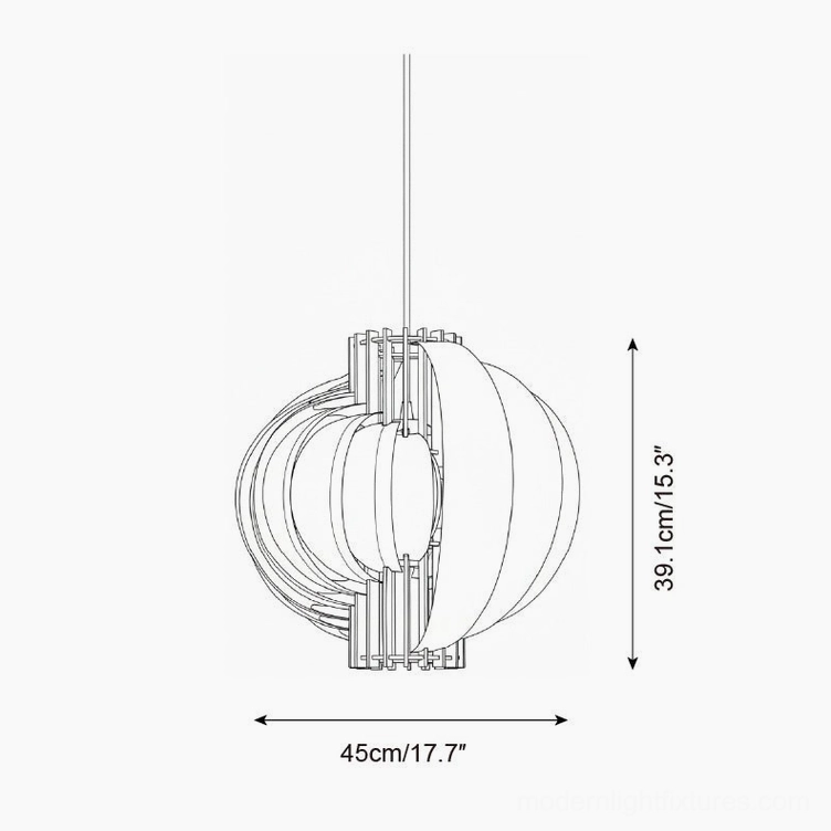 Technical drawing orthographic view of 45cm diameter wooden sphere pendant light showing spherical layered structure dimensions