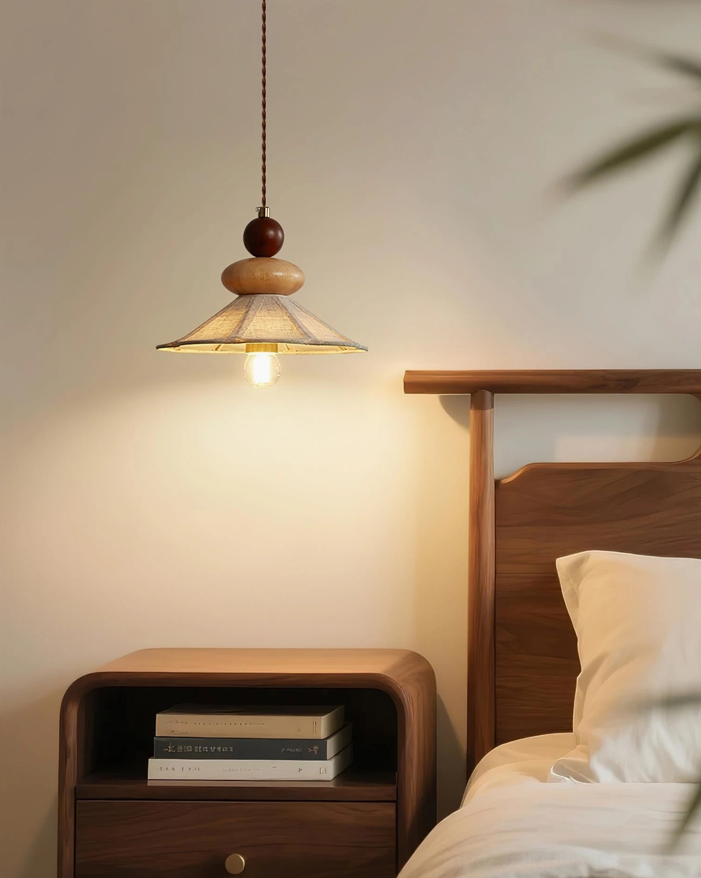 Wooden pendant light with natural timber accents and warm fabric shade, artisanal design for Japandi interiors
