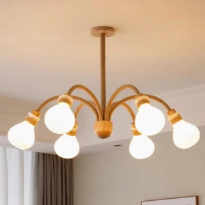 Wooden rope pendant chandelier installed in Nordic bedroom with warm ambient lighting