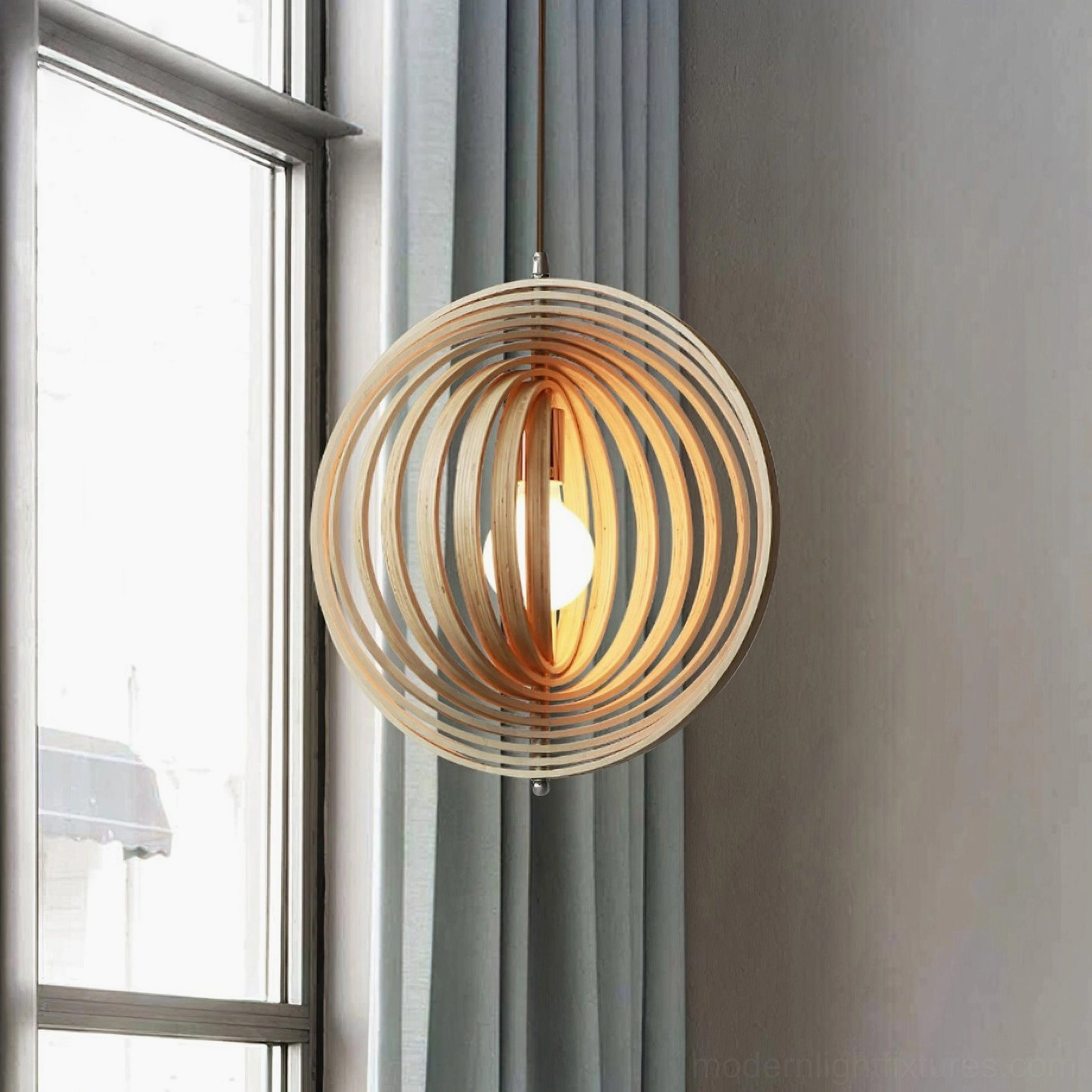 Wooden sphere pendant light 50cm diameter display showing scaled proportions for standard ceiling heights
