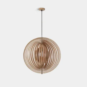 Modern wooden sphere pendant lamp with geometric wooden slats design on white background