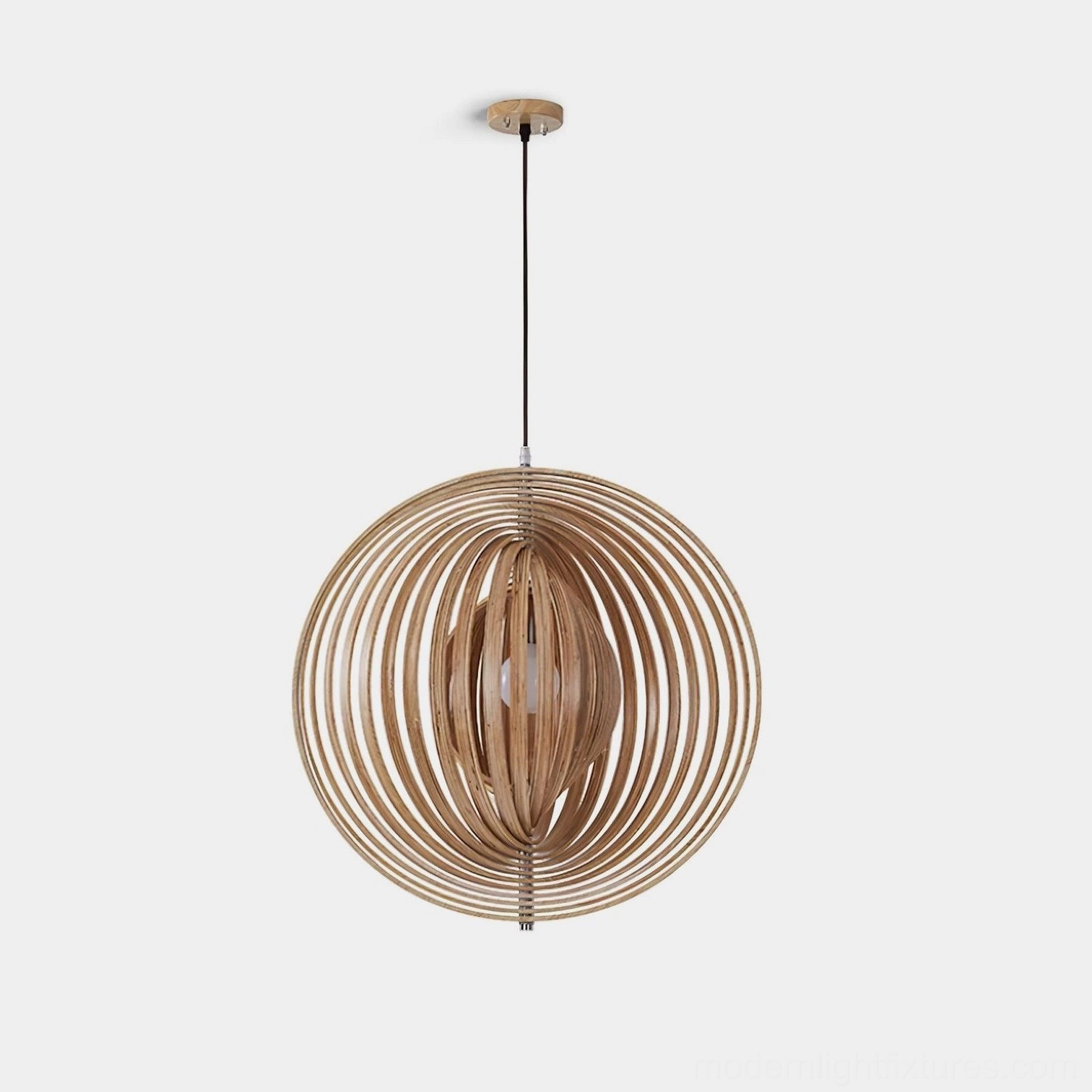 Modern wooden sphere pendant lamp with geometric wooden slats design on white background