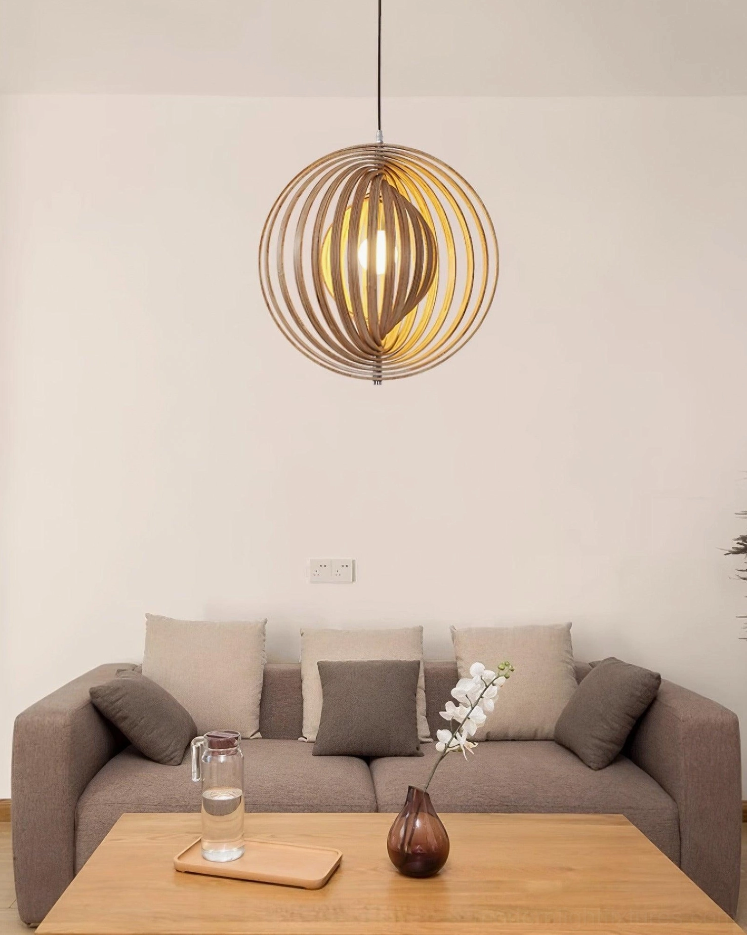 Wooden sphere pendant light multiple sizes 40cm 50cm 60cm diameter comparison display