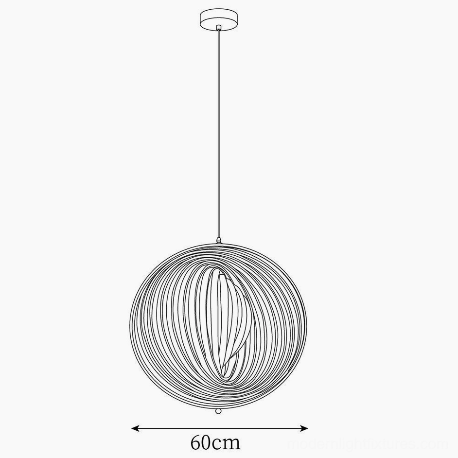 Technical line drawing of 60cm diameter wooden sphere pendant lamp specifications front view