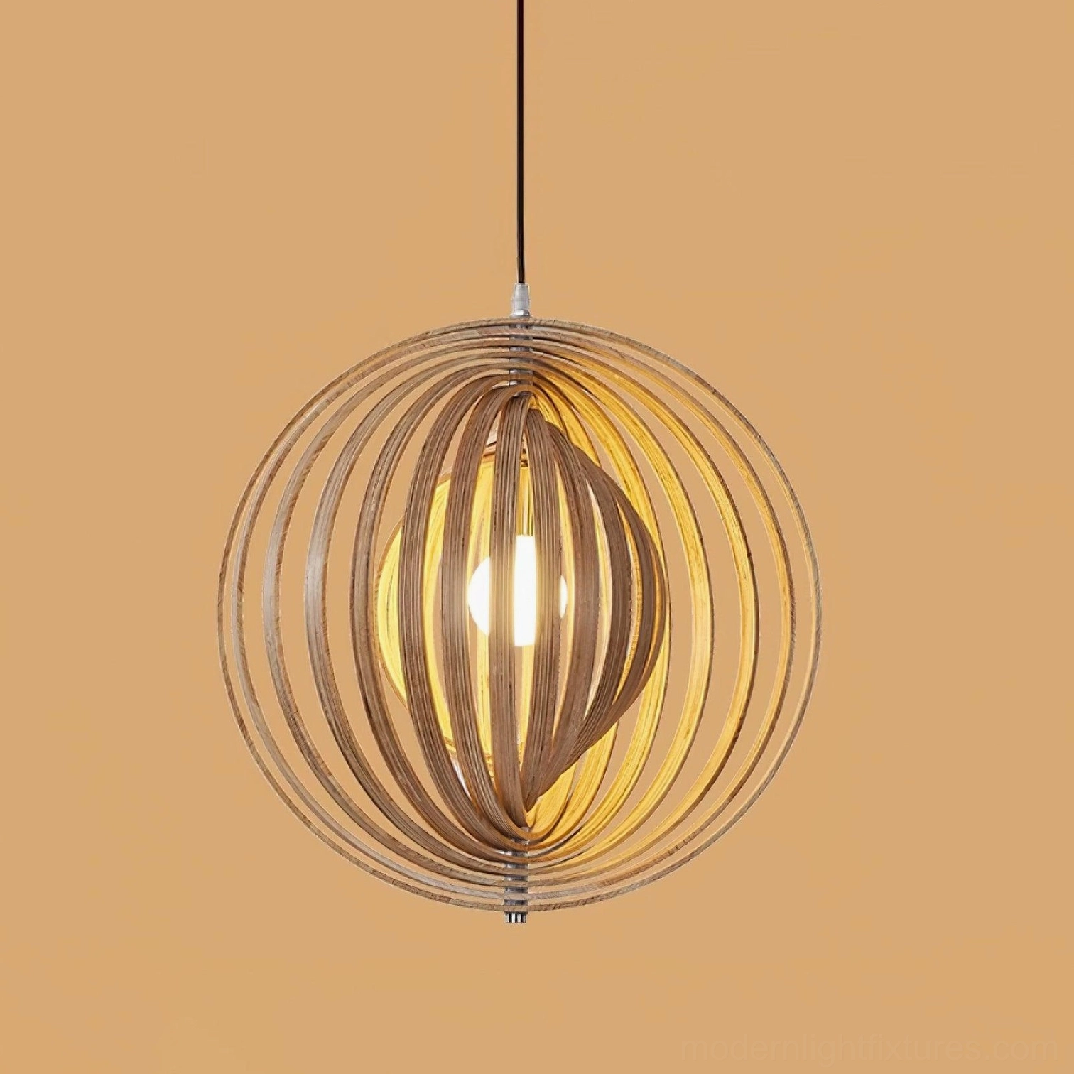 Wooden sphere pendant light installed in contemporary entryway making striking first impression statement