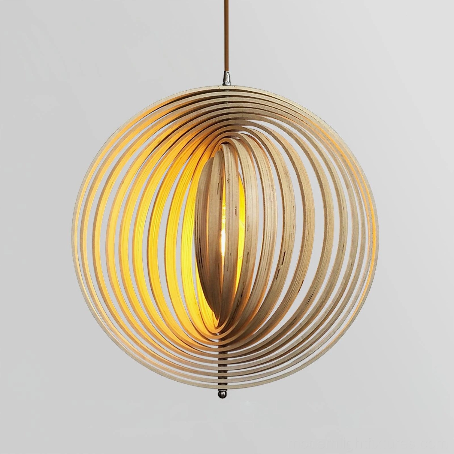 Wooden sphere pendant light in home office space providing balanced ambient lighting without glare