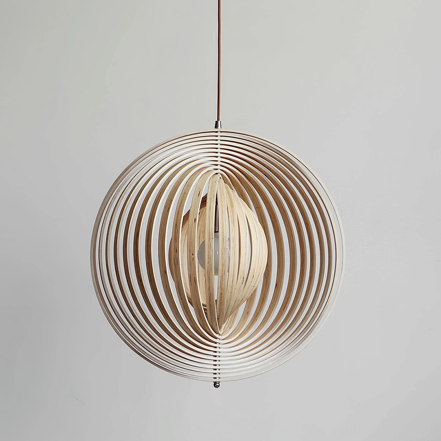 Modern wooden sphere pendant lamp suspended in open concept living space with minimal industrial style