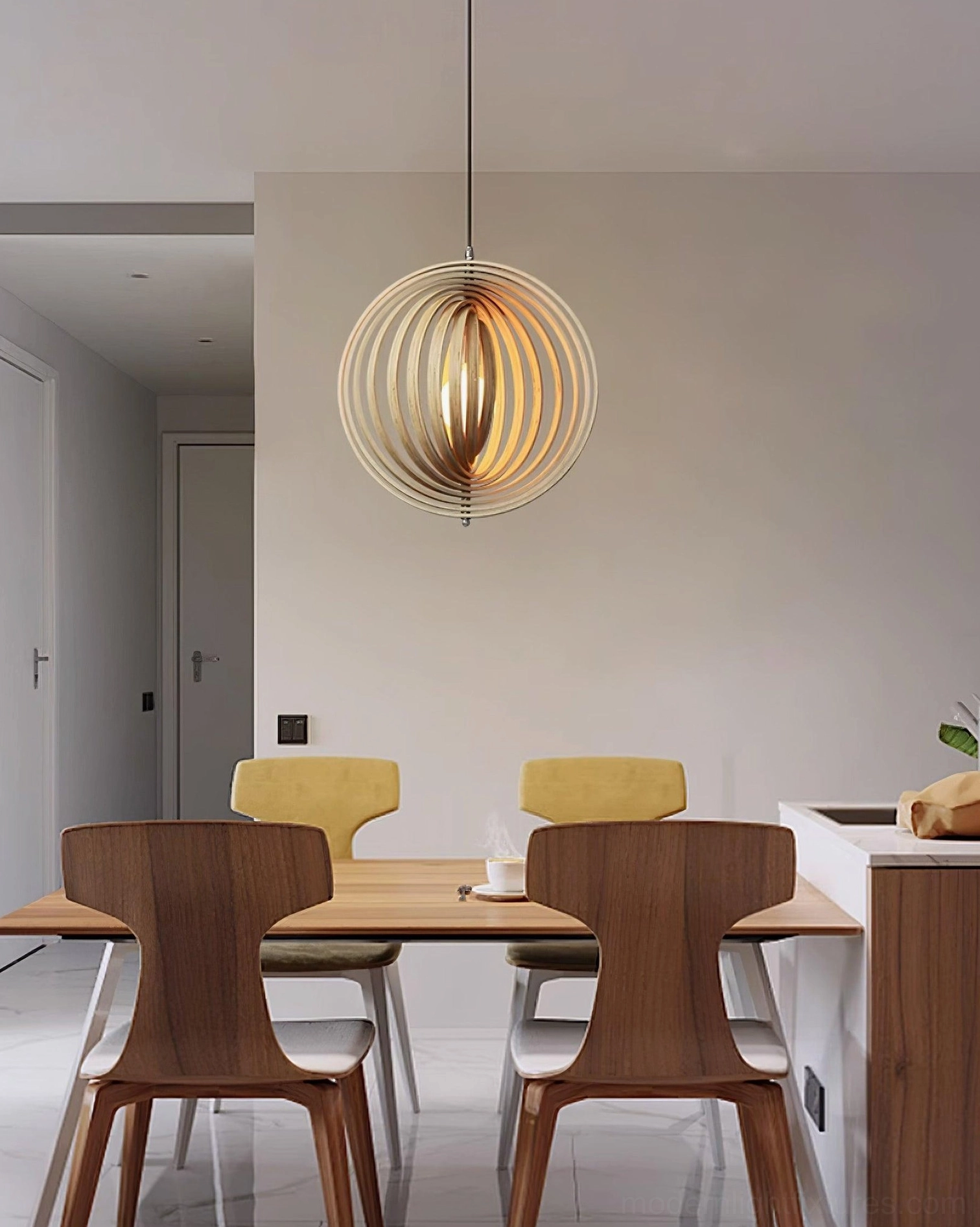 Wooden sphere pendant lamp in mid-century modern interior with warm atmospheric lighting ambiance