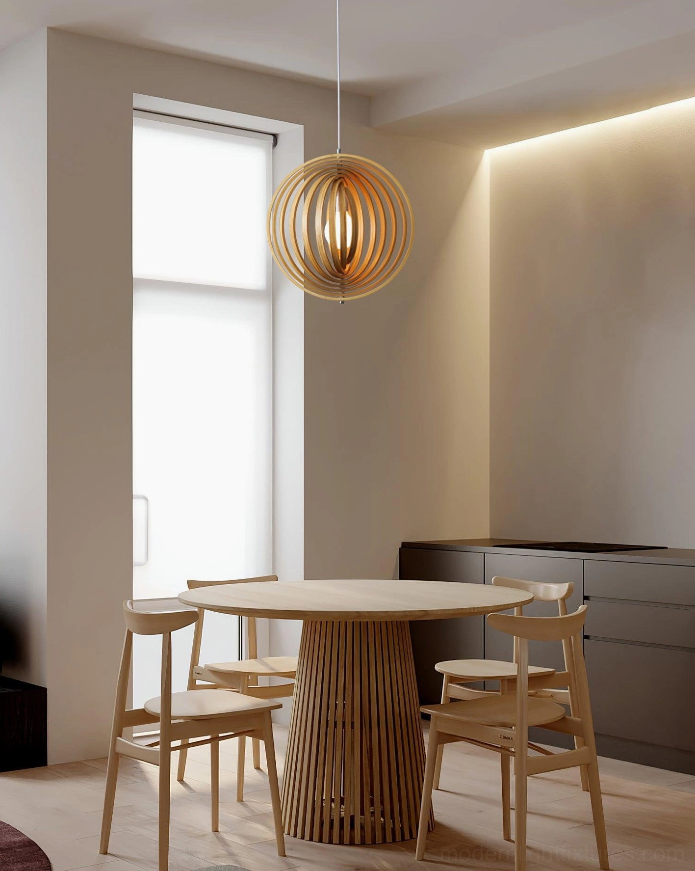 Side high angle view of wooden sphere pendant lamp in modern minimalist dining room with warm home decor