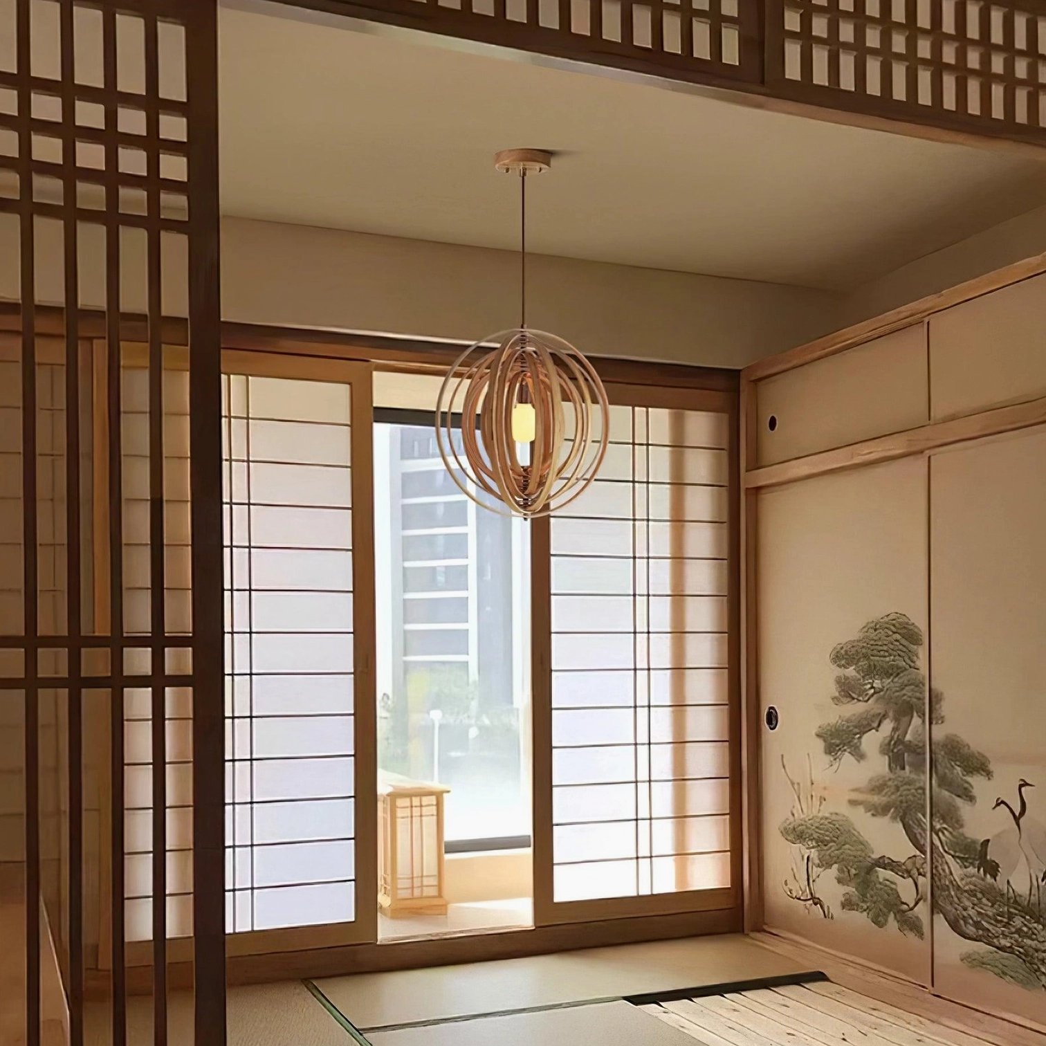 High angle indoor view of wooden sphere pendant light in Japanese wabi-sabi style minimalist room