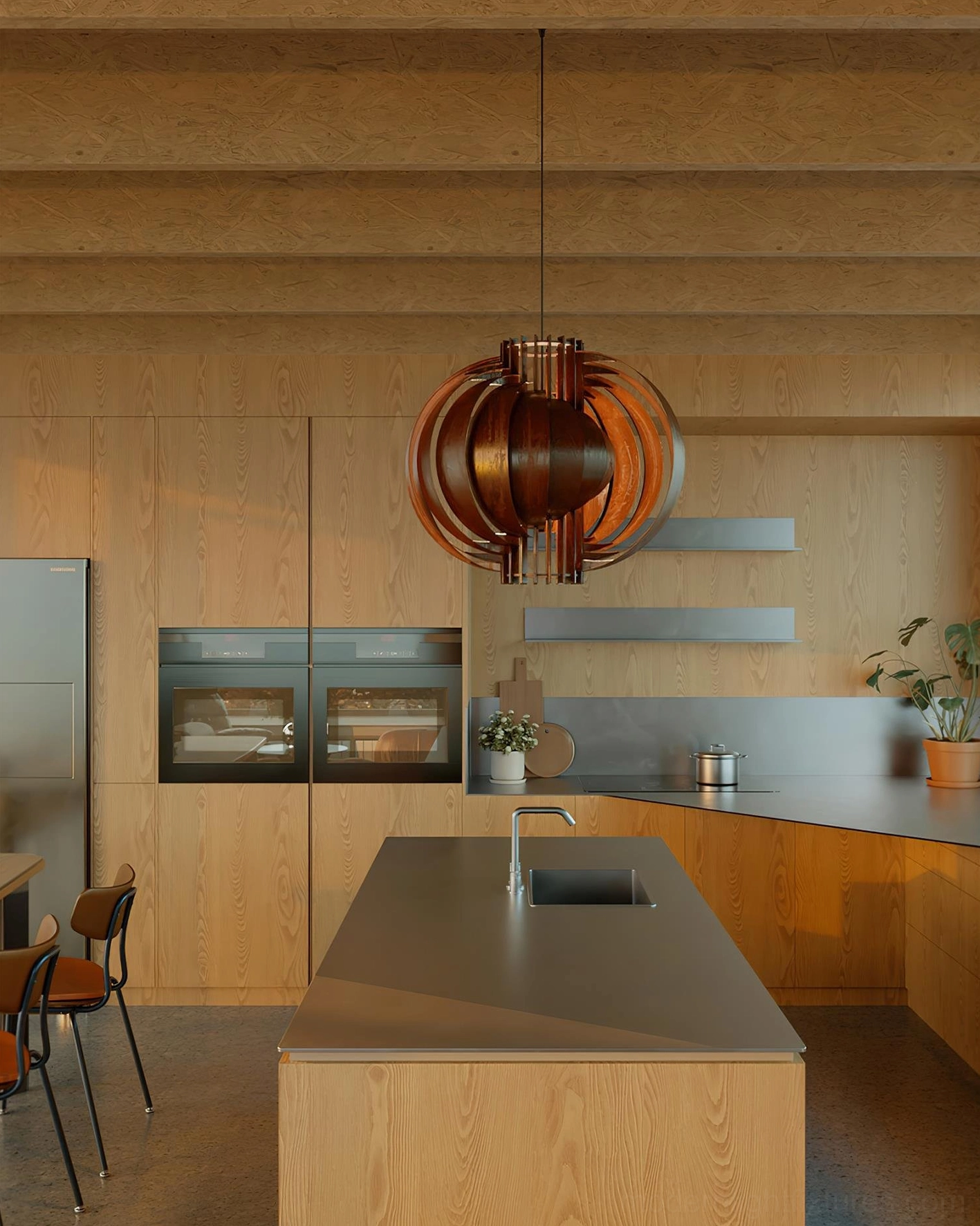 Dark reddish-brown wooden sphere pendant light above kitchen counter coordinating with warm modern cabinetry