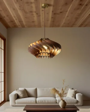Modern spiral wood pendant lamp in Japanese-inspired living room with warm ambient lighting and rustic decor