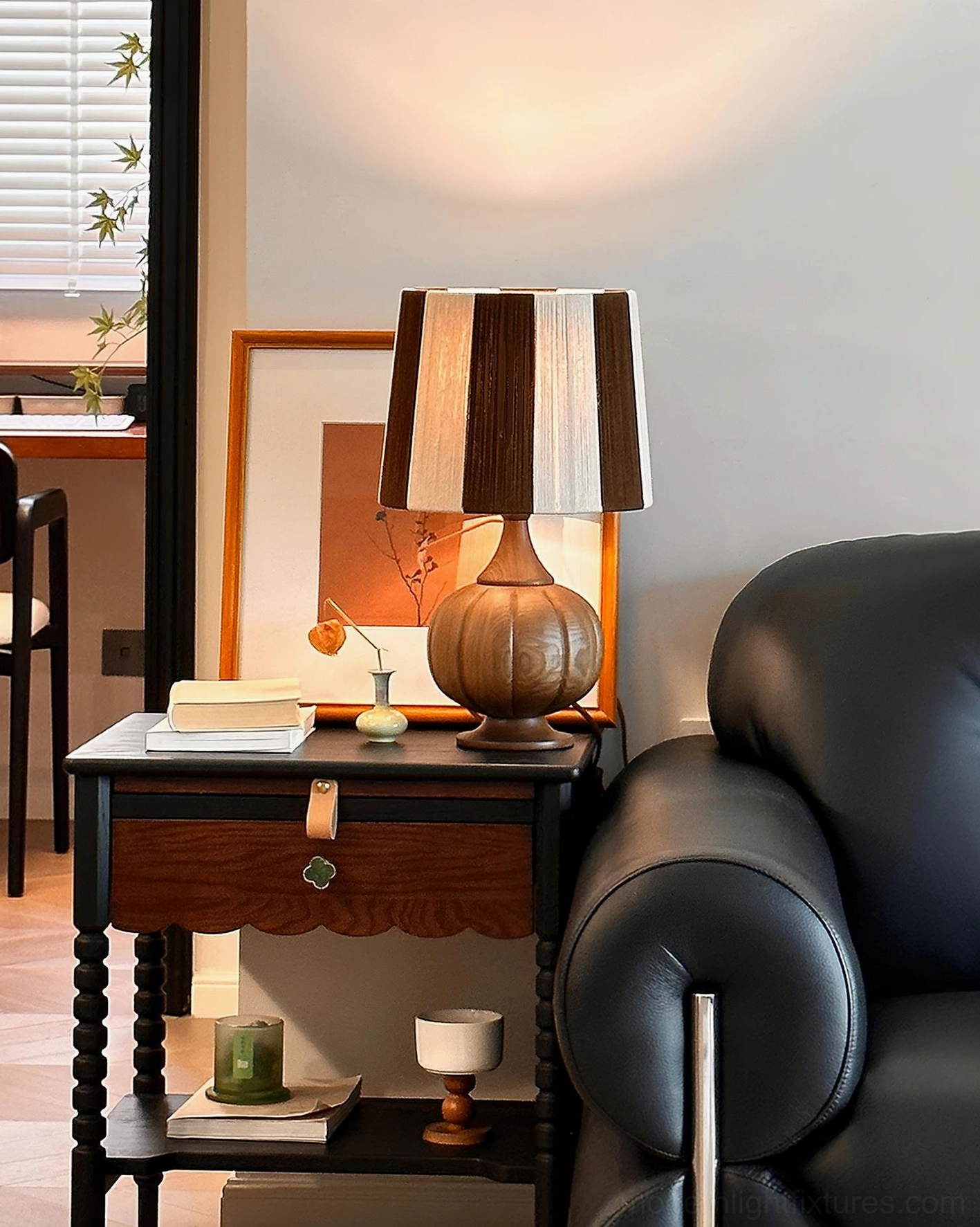 Wooden striped table lamp color variations displayed side by side showing walnut black and brown options