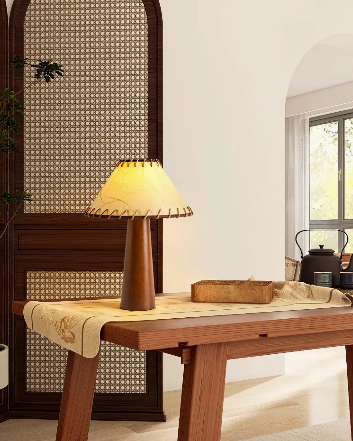 Wooden table lamp with 59-inch cord and push-button switch in modern home office lighting setup