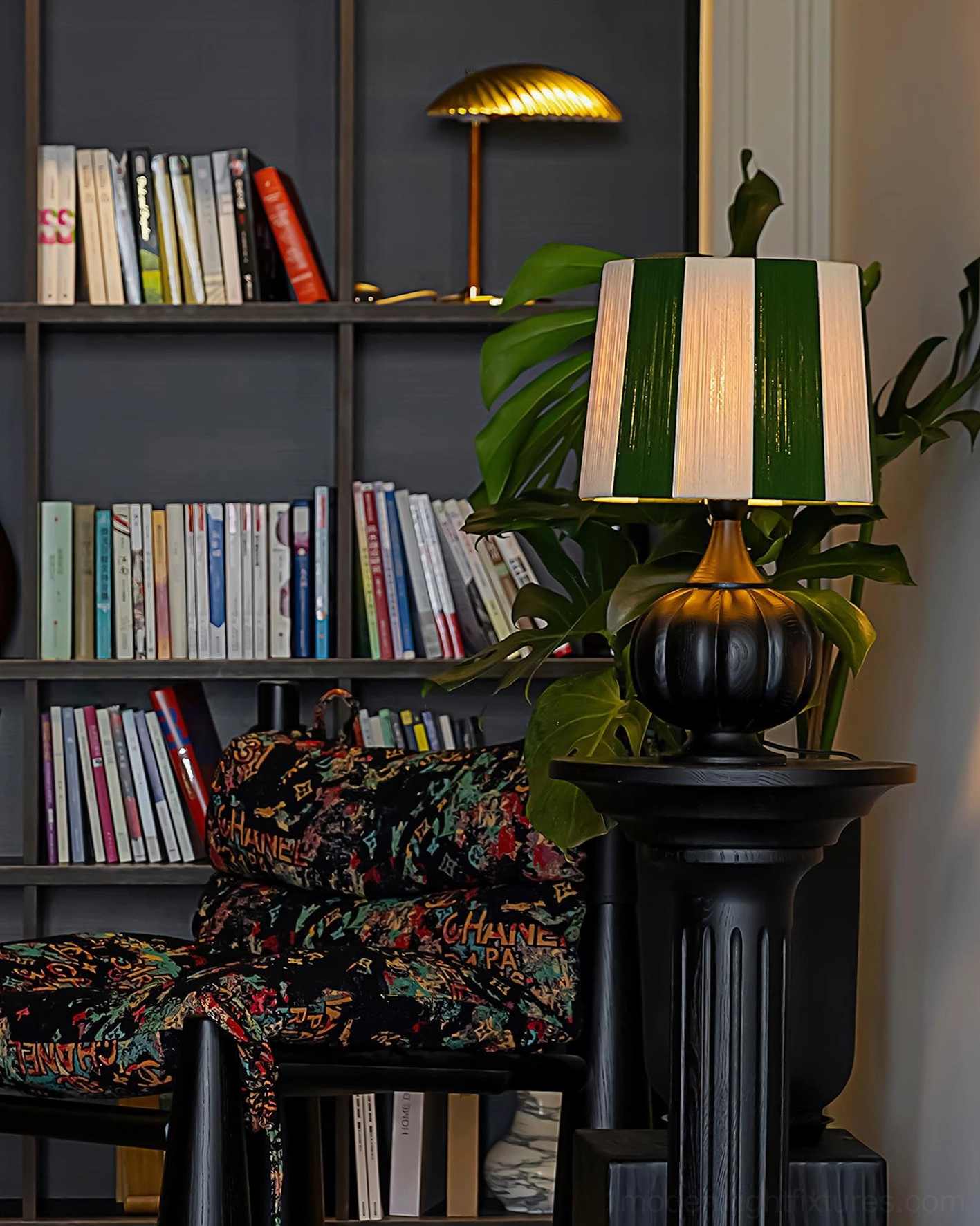 Close-up of striped wooden table lamp base showing hand-finished wood craftsmanship and grain detail