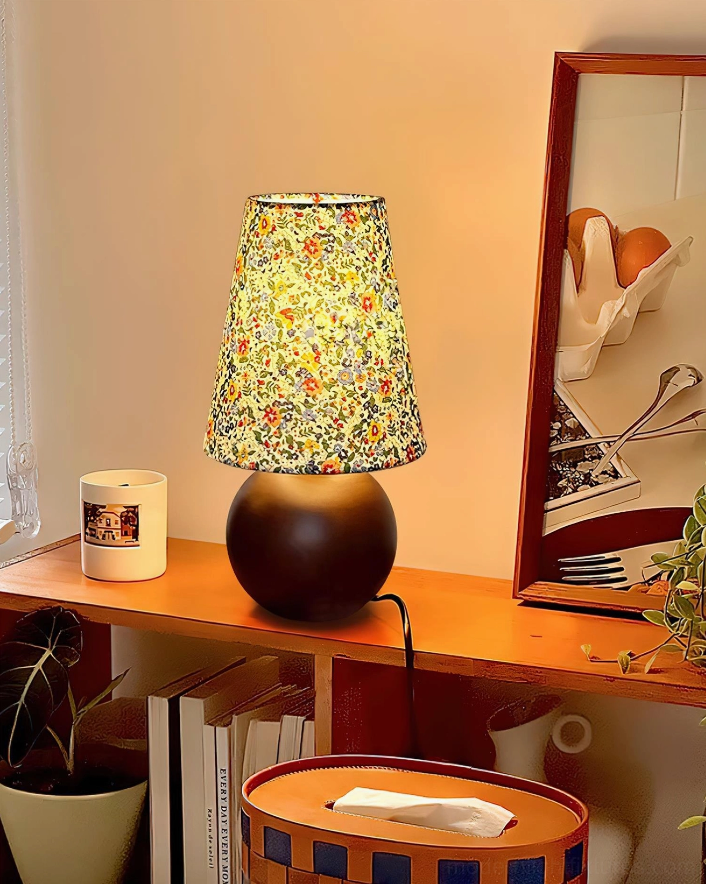 Wooden table lamp base natural walnut finish with floral fabric shade construction